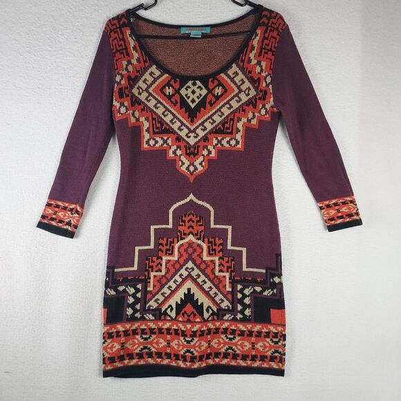 Flying Tomato Aztec Boho Bodycon Knit Dress Womens Small Purple Red Orange - Picture 1 of 8